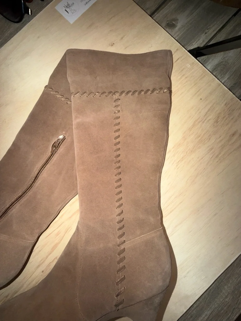 Anne Klein Taupe Suede Knee-High Wedge Boots - Picture 2 of 6
